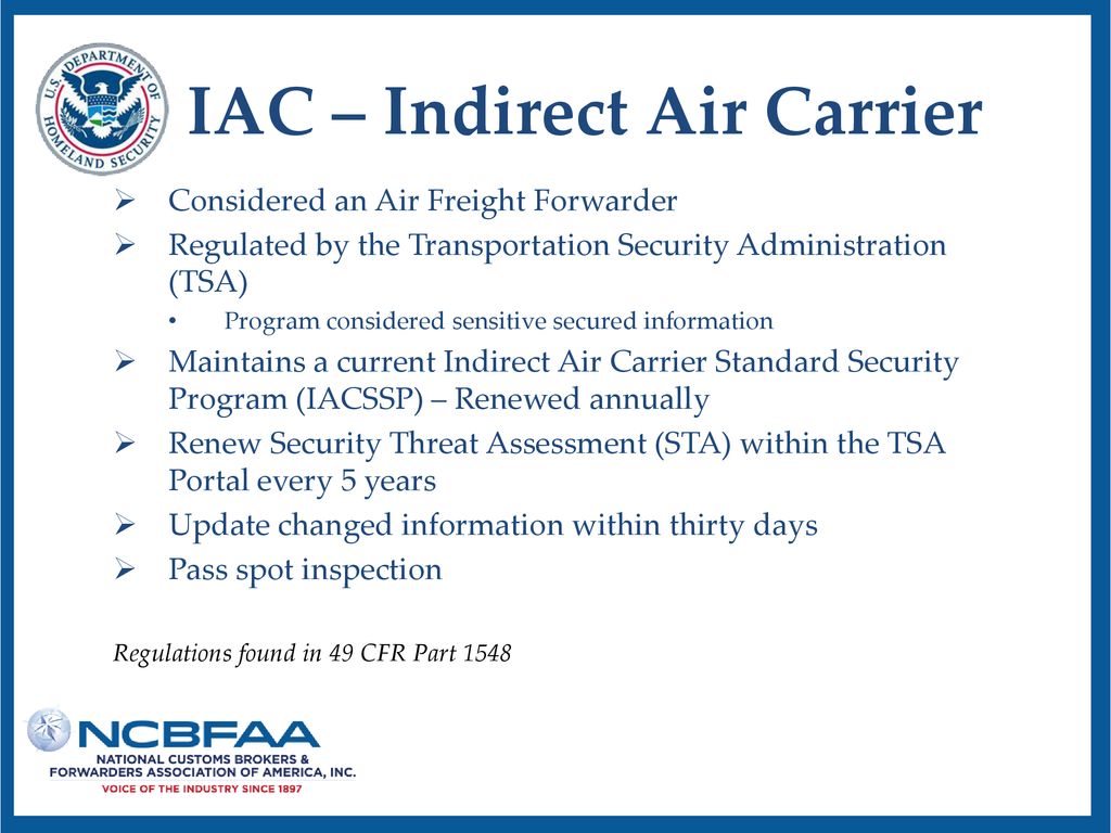 IAC - Indirect Air Carrier.